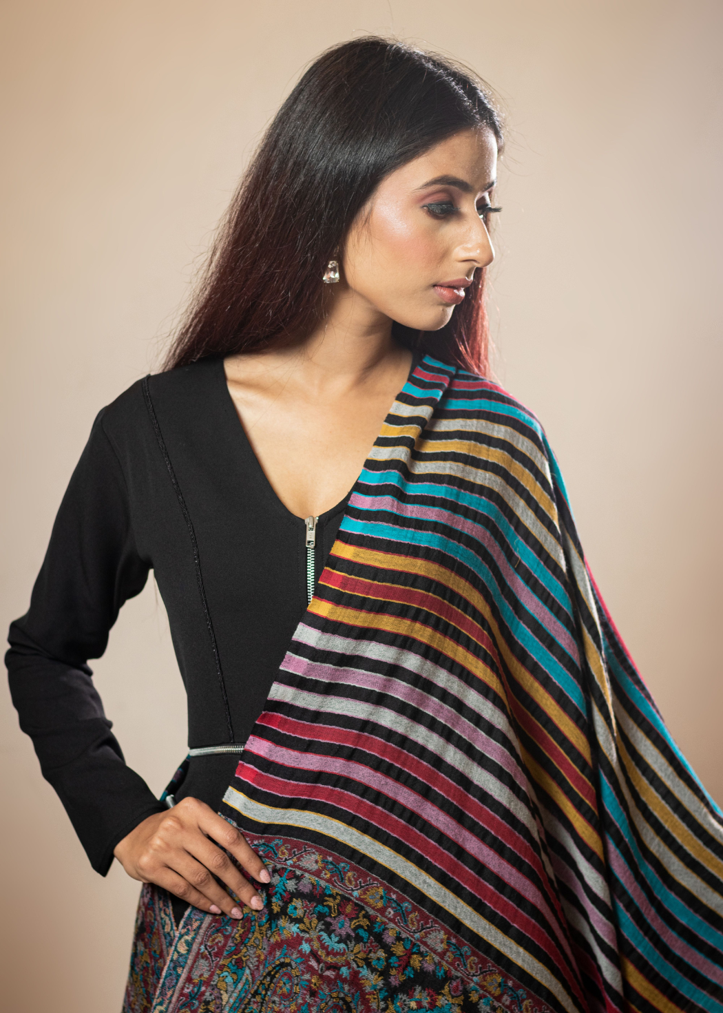 Masudh women's extra fine wool colourful striped stole with designer palla