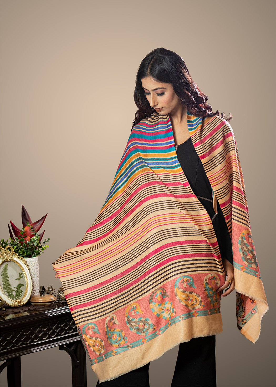 Masudh women's extra fine wool colourful striped stole with designer palla