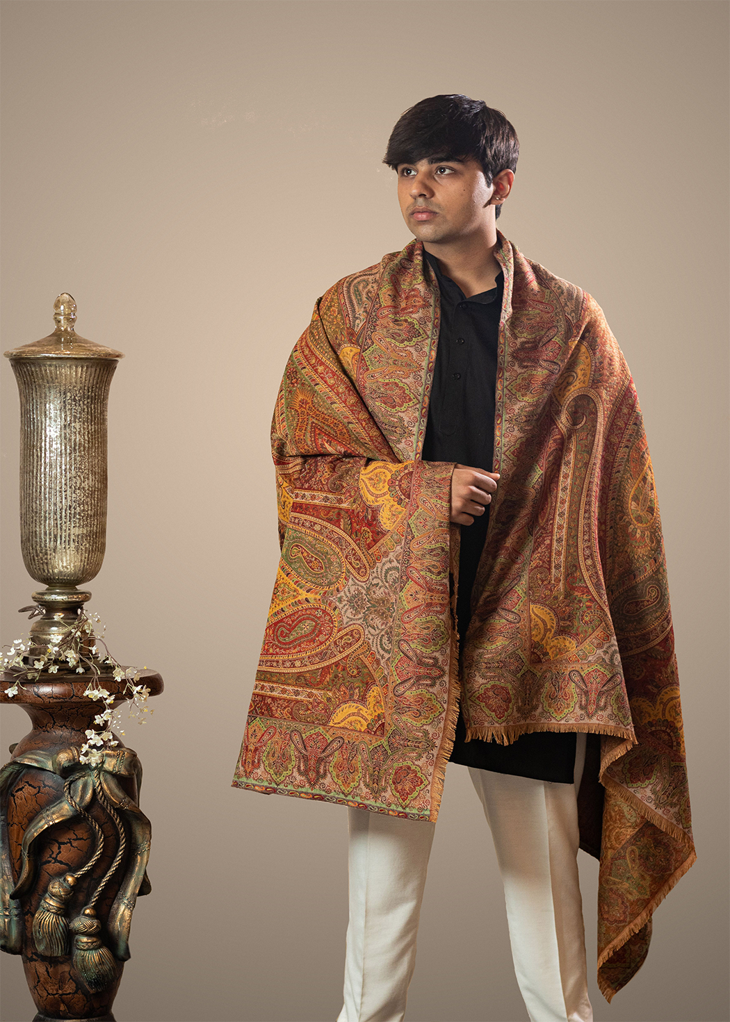 Masudh men's woollen jamawar shawl in traditional hues