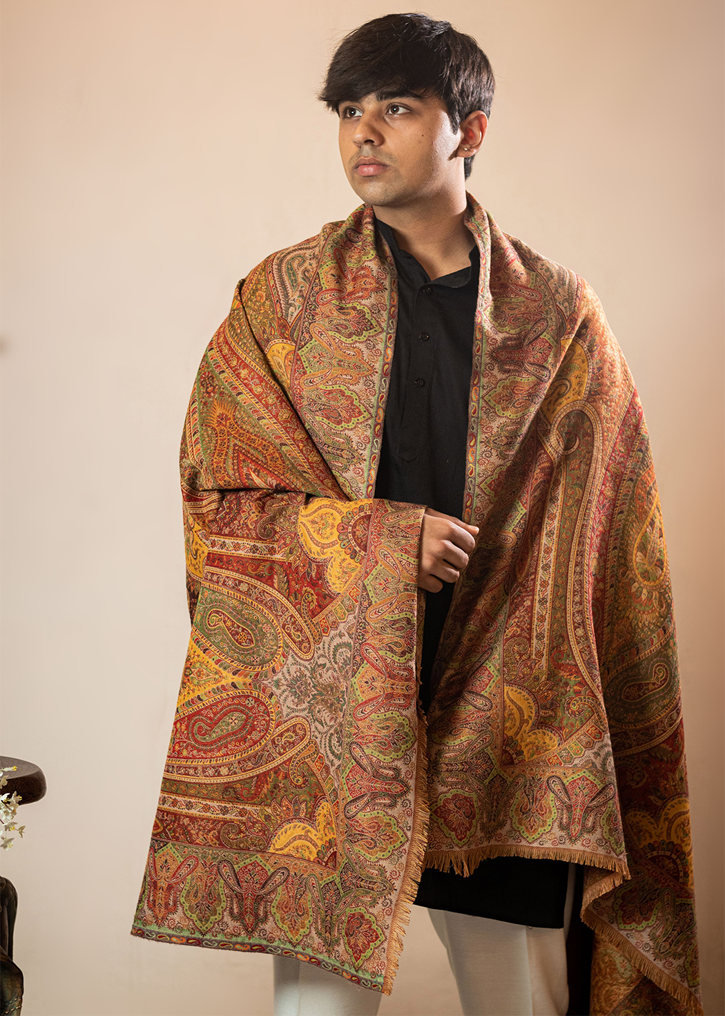 Masudh men's woollen jamawar shawl in traditional hues