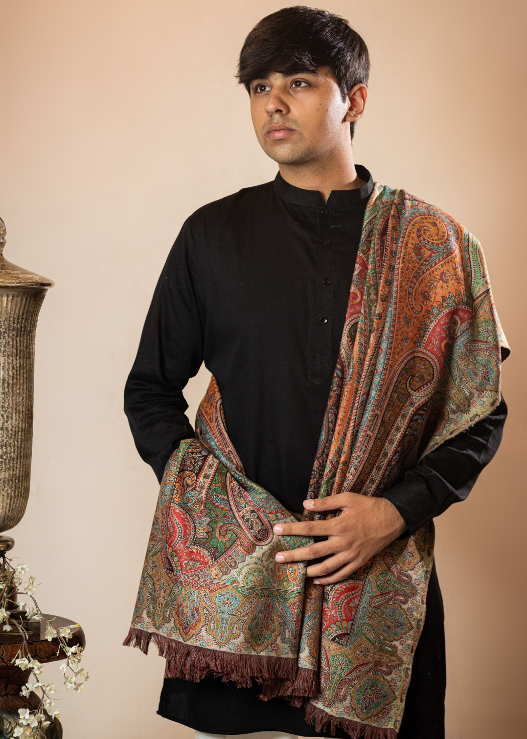Masudh men's woollen jamawar shawl in traditional hues
