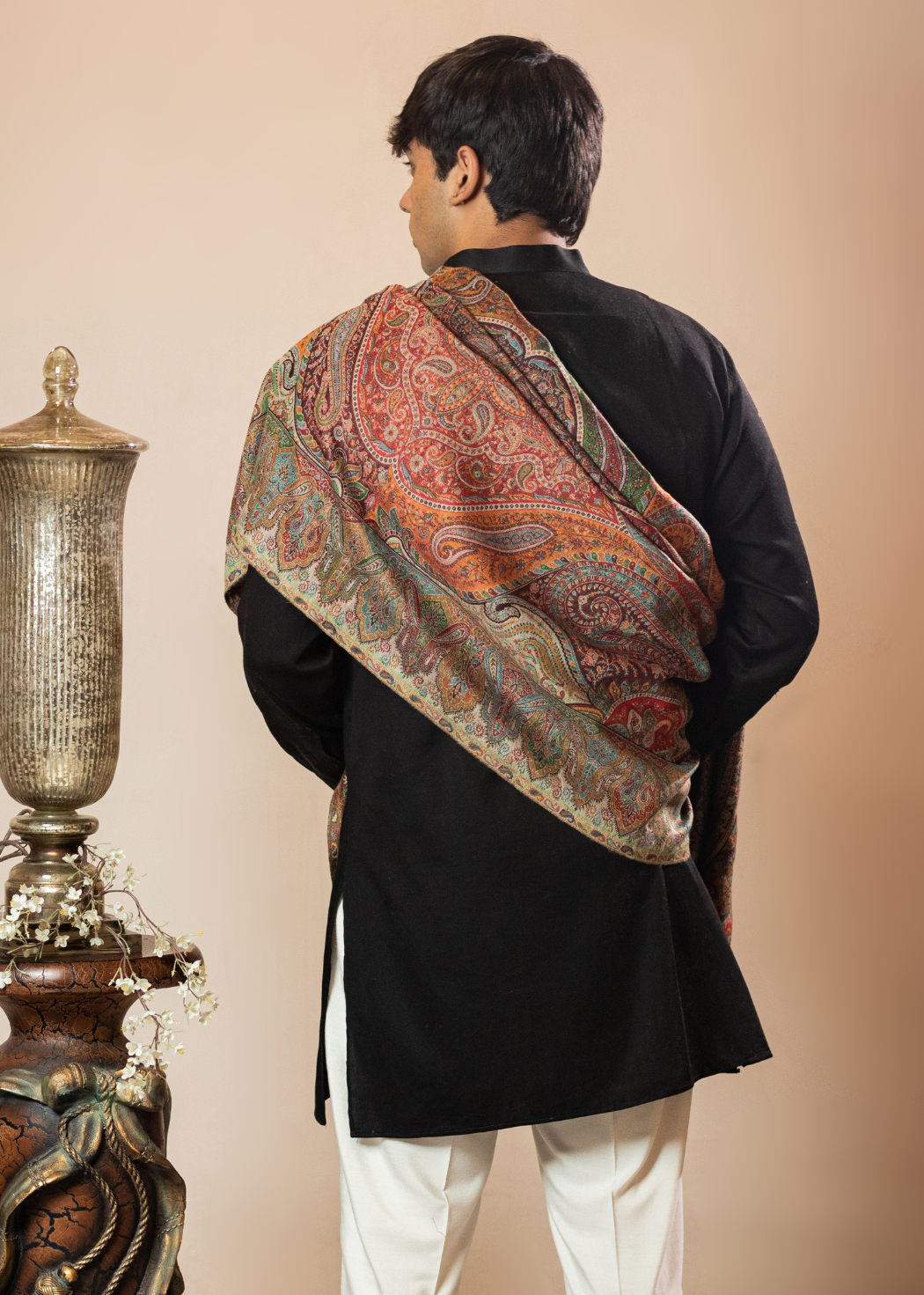 Masudh men's woollen jamawar shawl in traditional hues