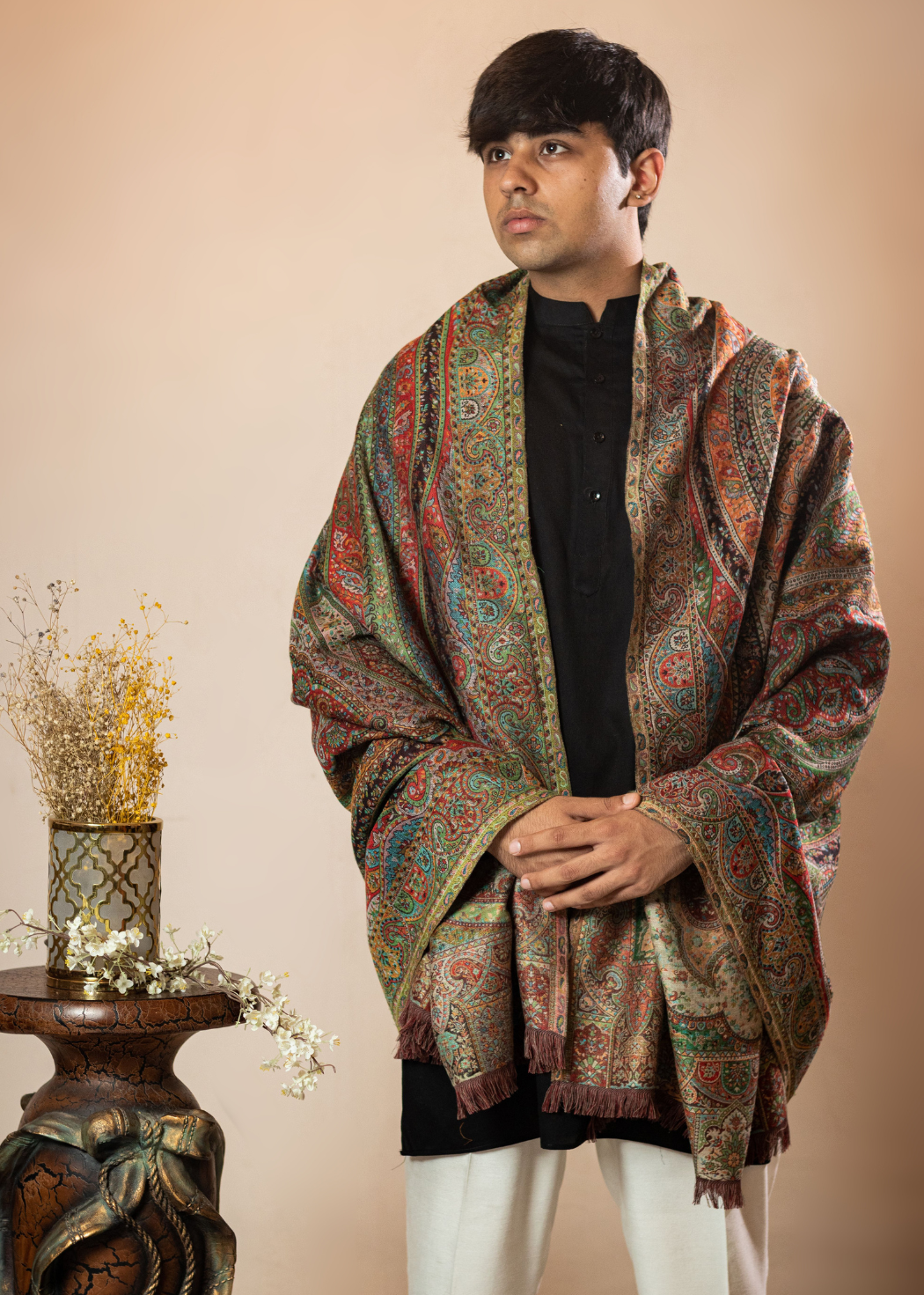 Masudh men's woollen jamawar shawl in traditional hues