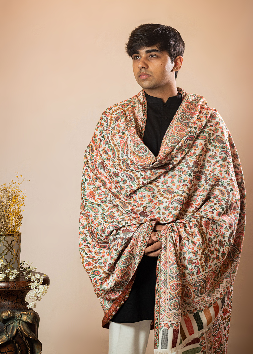 Masudh men's woollen floral shawl in pastel hues