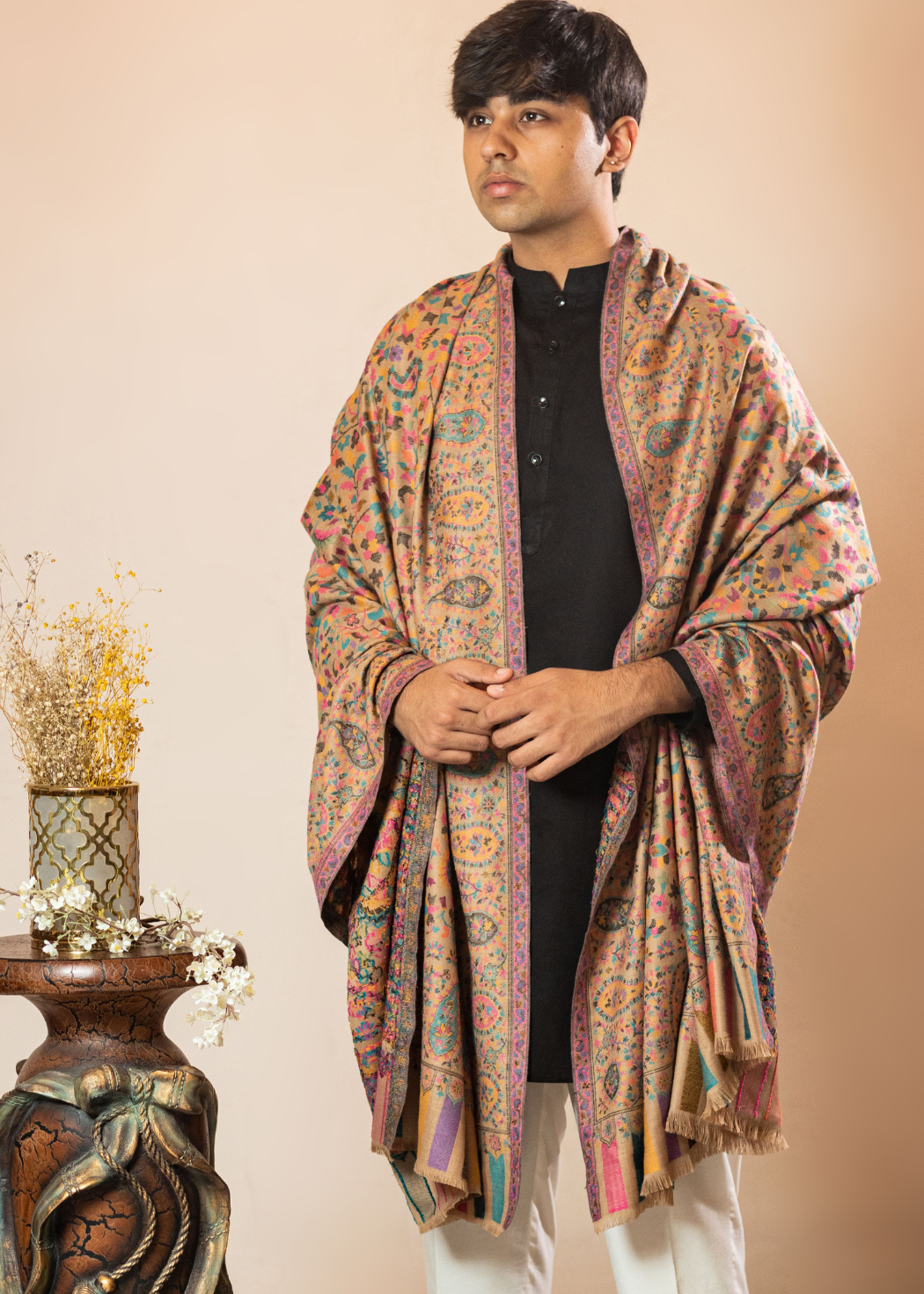 Masudh men's woollen kani shawl in soft tones