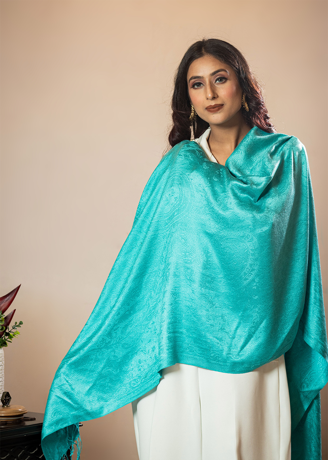 Masudh unisex extra soft silk self & floral stole, blue