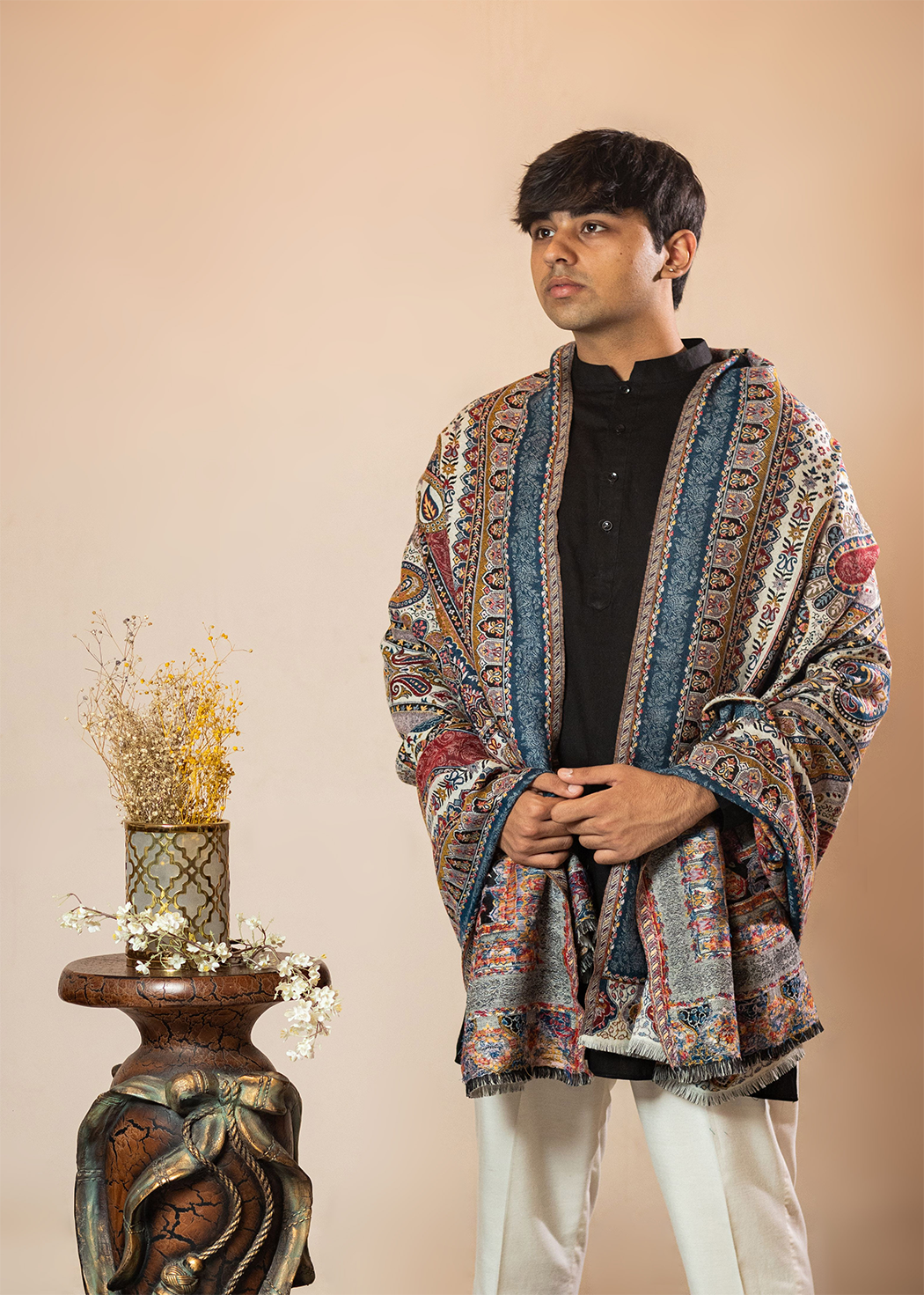 Masudh men's traditional motifs designer shawl, multicolour