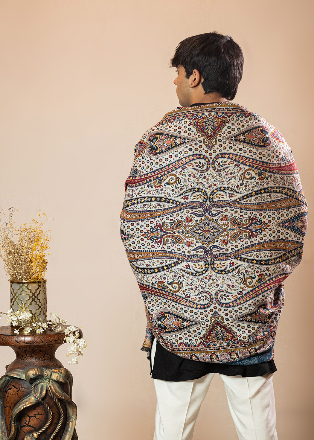 Masudh men's traditional motifs designer shawl, multicolour