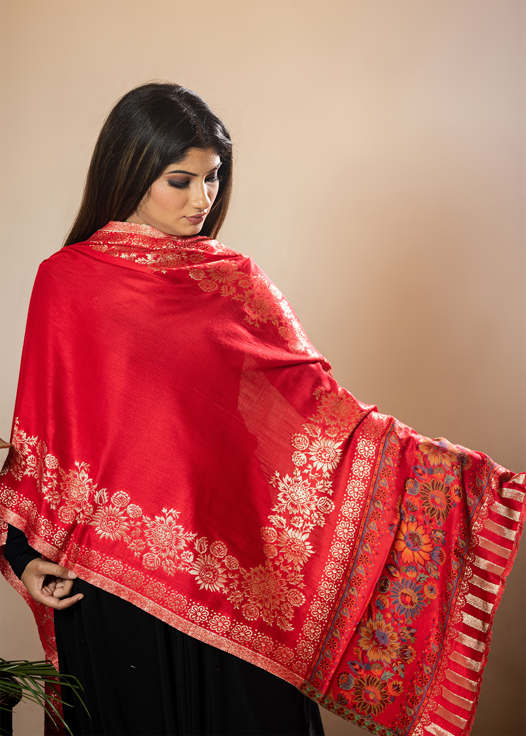 Masudh unisexsoft fine bamboo fabric stole with shimmery Zari thread in floral borders, red