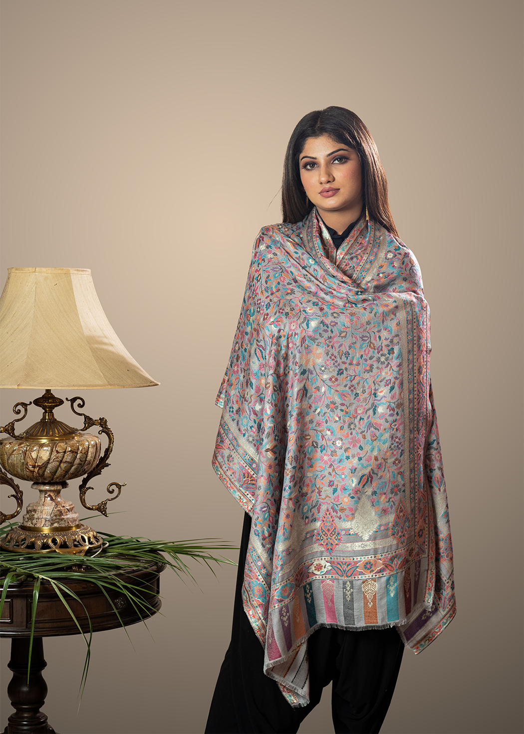 Masudh unisex soft fine bamboo fabric stole with shimmery Zari thread work, grey