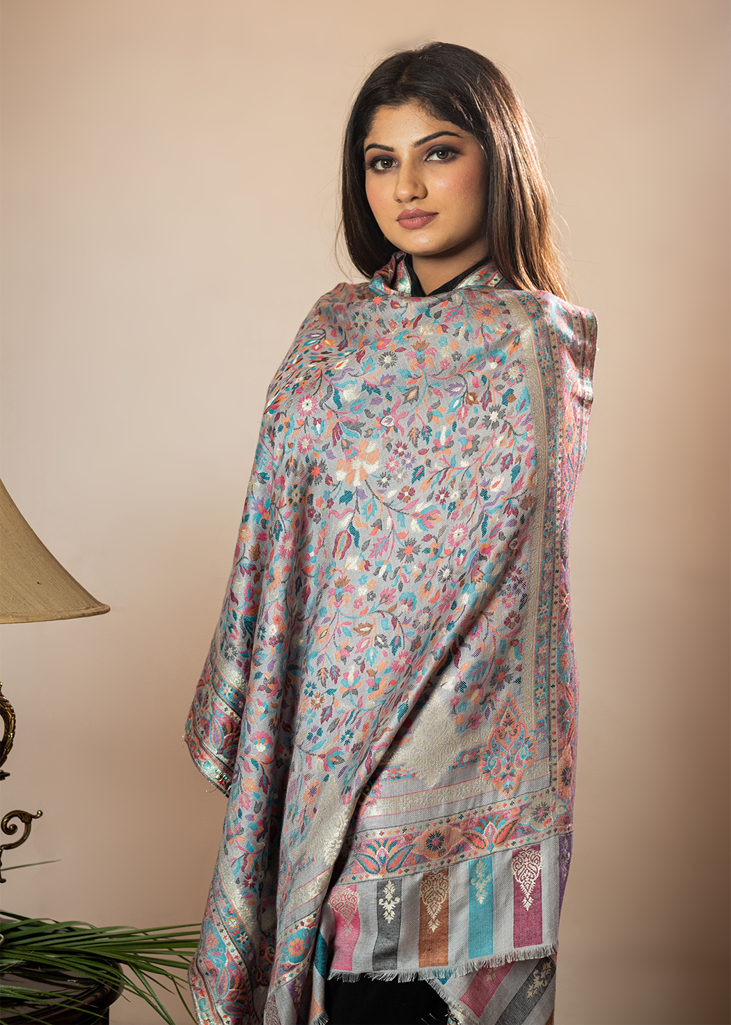 Masudh unisex soft fine bamboo fabric stole with shimmery Zari thread work, grey