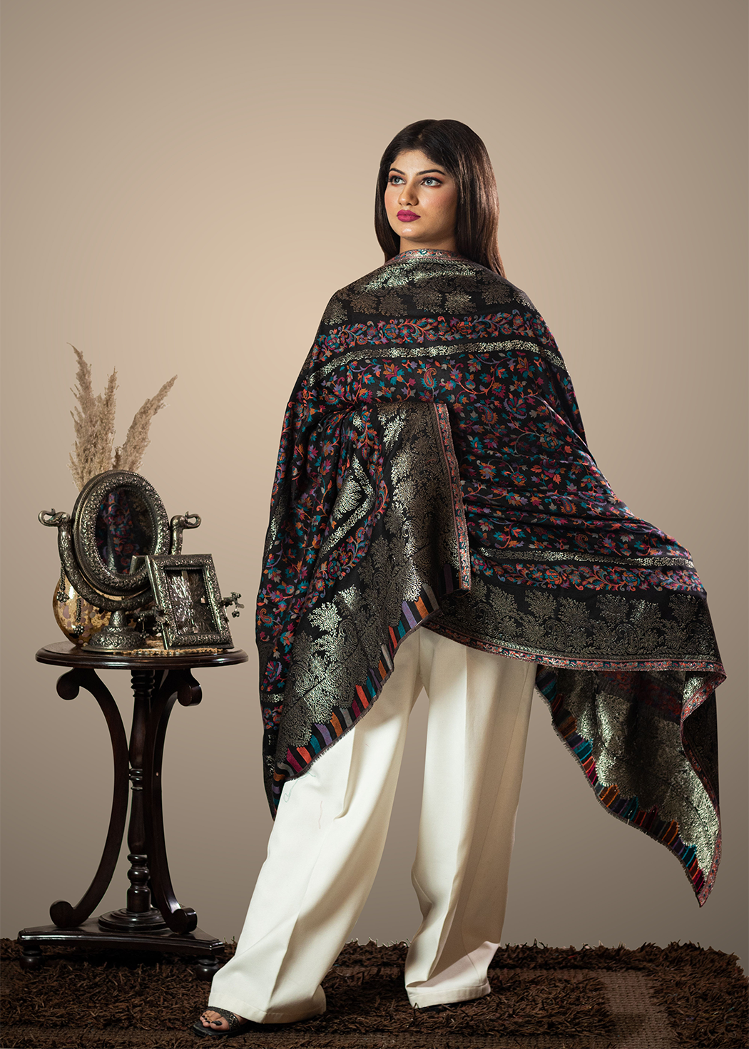 Masudhunisex soft fine bamboo fabric shawl with Bling zari thread work, black