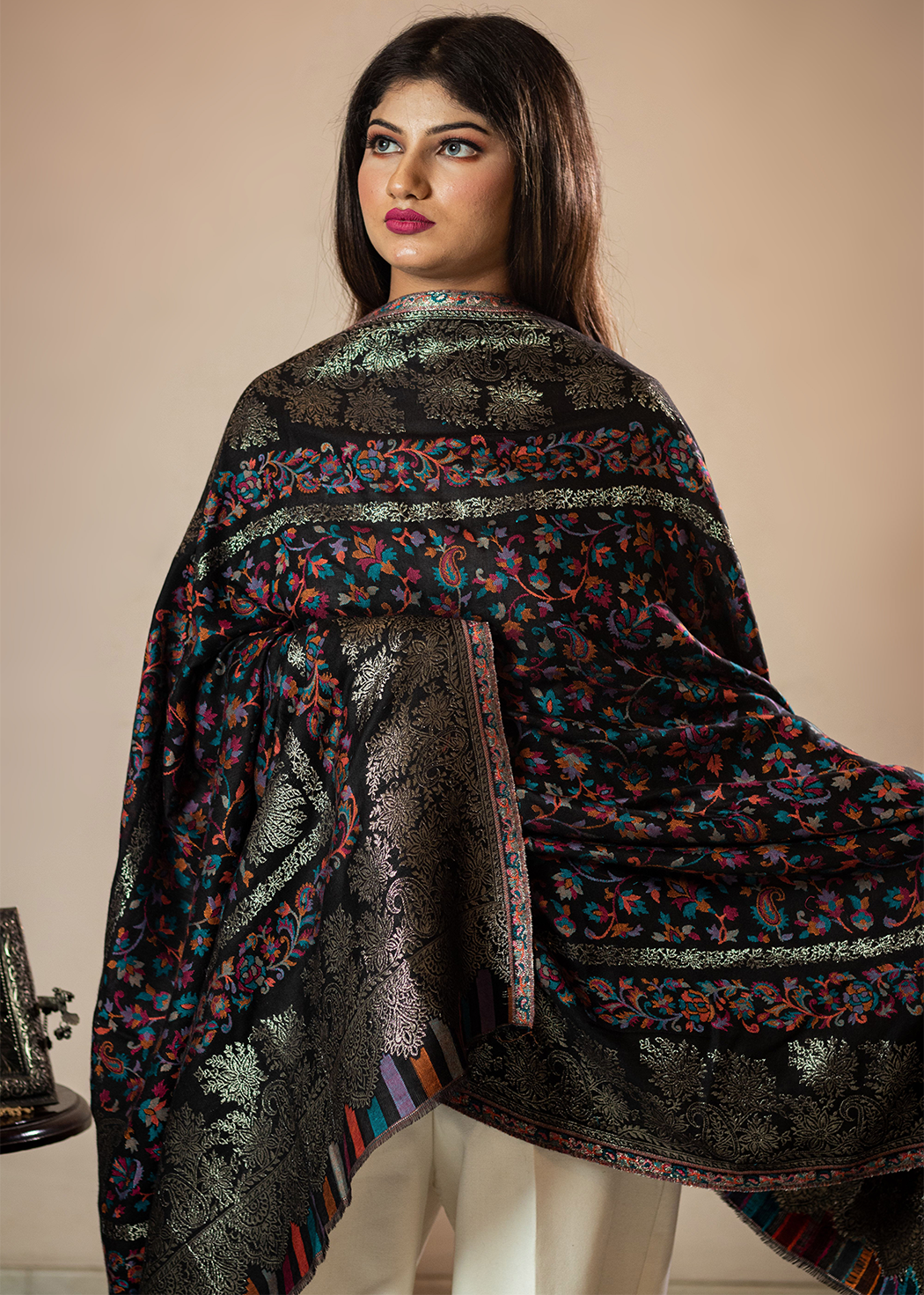 Masudhunisex soft fine bamboo fabric shawl with Bling zari thread work, black